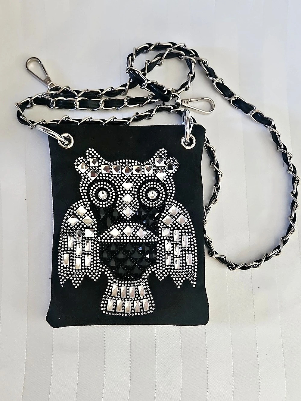 Owl Embellished Crossbody Bag in Black & Silver
